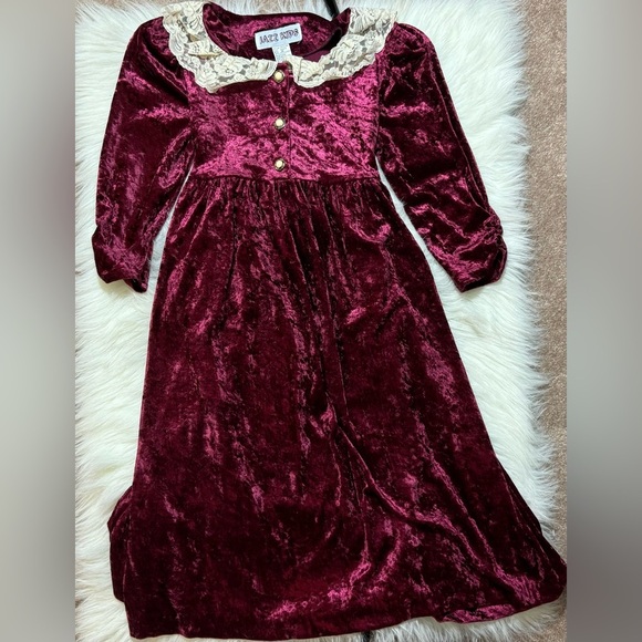 Jazz Kids Vintage Dress Girls Red Velvet Long Sleeve Maroon Red Victorian Lace - Picture 1 of 4